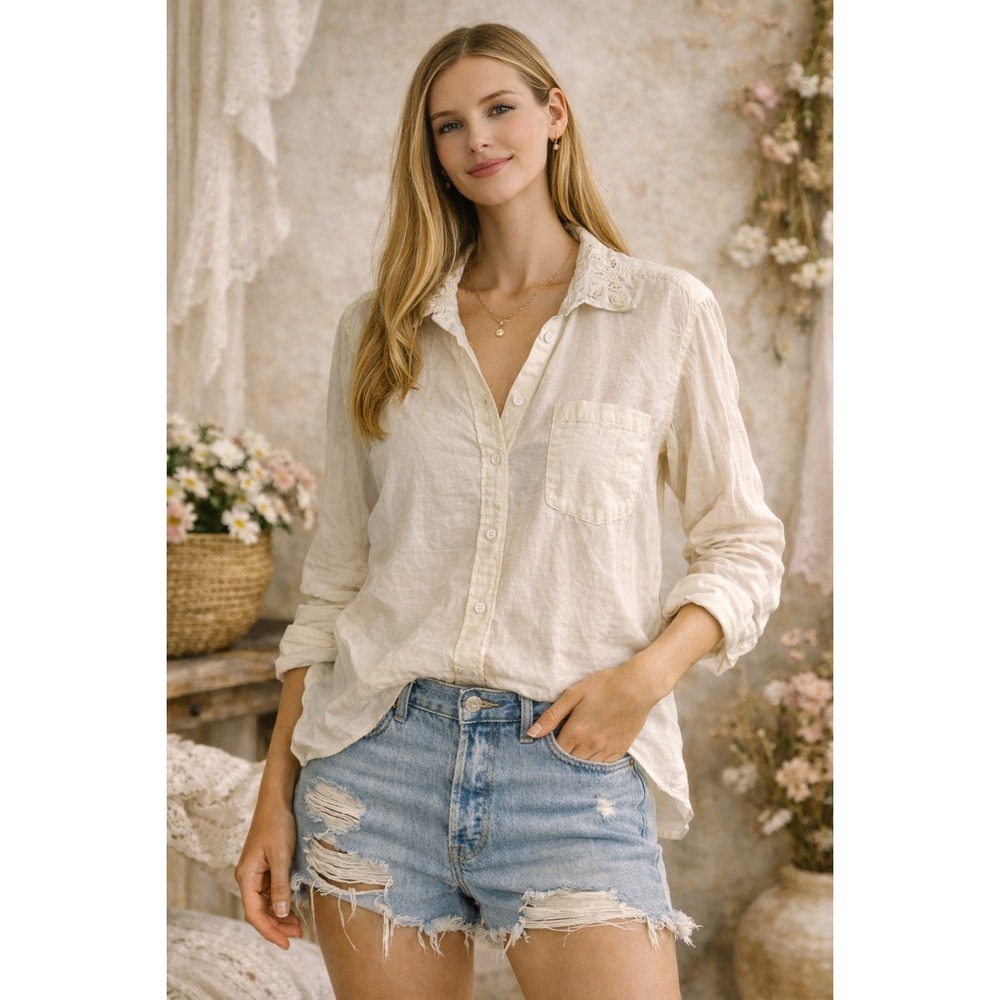 7 For All Mankind Womens M Eyelet Collar Cotton Button‎ Down Shirt Coquette